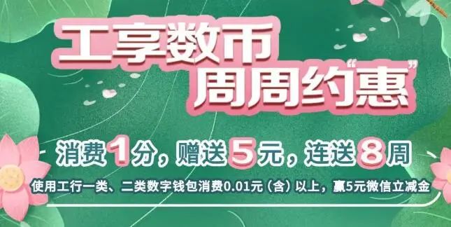 工行数币消费1分钱送5元微信立减金